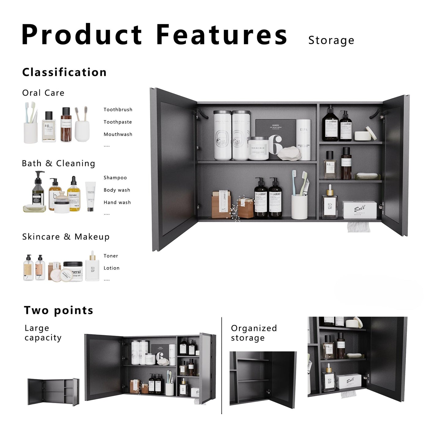 Lighted Medicine Cabinet with Mirror,Wall Mounted Bathroom Mirror with Storage,Anti-Fog,Two-Doors Bathroom Wall Cabinet with LED Lights, Dimmable,Easy to Install,39.37 x 23.62 Inch.