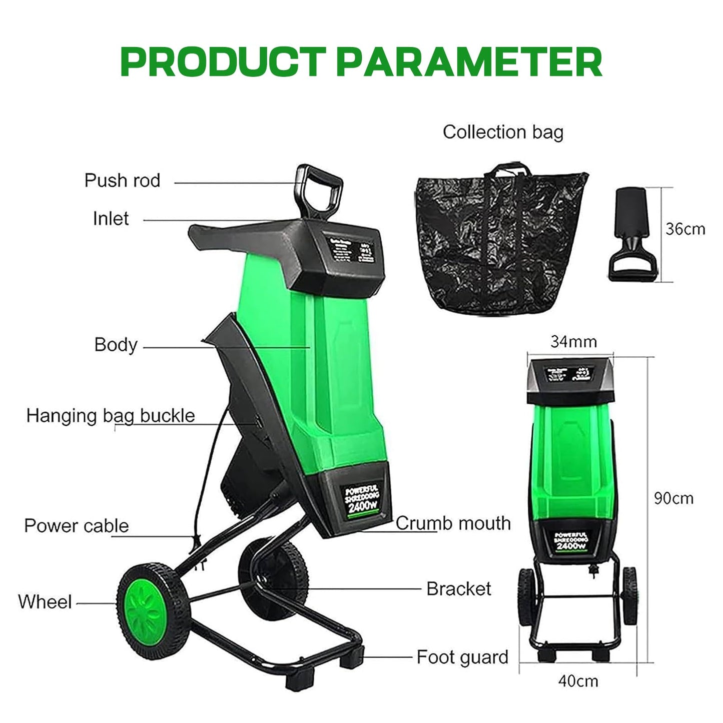 HMWOKPOT Electric Garden Shredder & Wood Chipper with 50L Collection Bag, 2400W-220V Powerful Leaf Mulcher - 40mm Cutting Capacity for Lawn and Garden Use