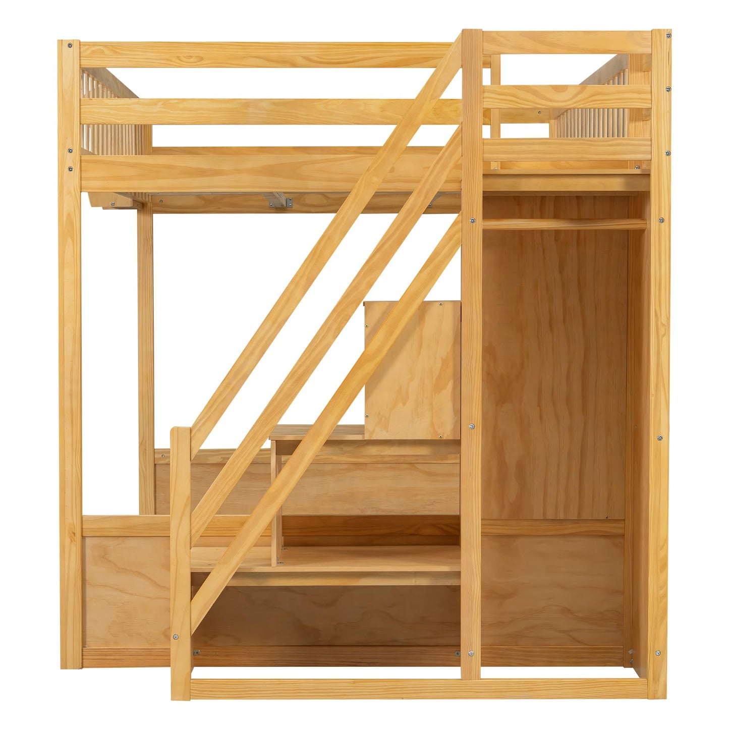 Merax Queen Size Wood Loft Bed Frame with Staircase,Storage Shelves & Wardrobe for Teens, Modern Loft Bed with Solid Slats, Guardrail, No Box Spring Required, Easy Assembly, for Bedroom, Natural