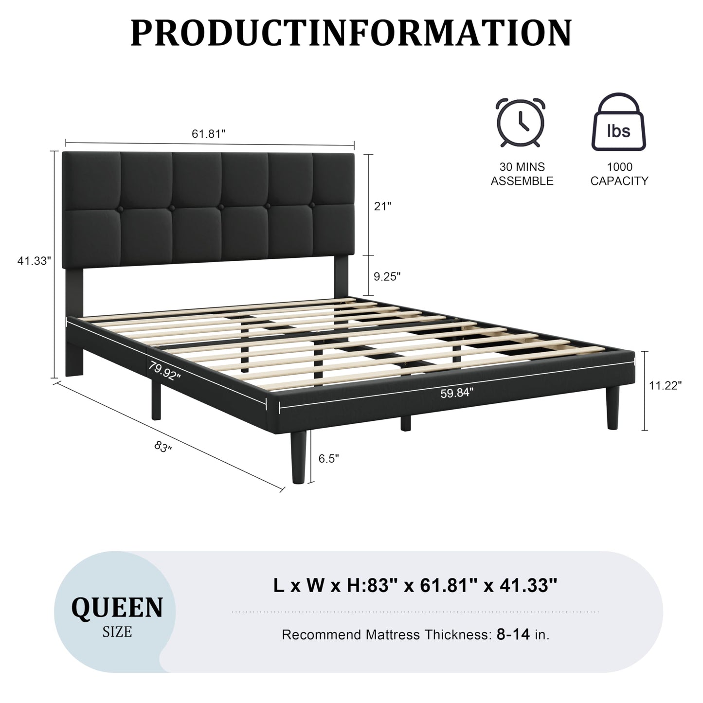 IOILORI Queen Size Bed Frame with Headboard, Queen Upholstered Bed Frame,Queen Platform Bed Frame, No Box Spring, Easy to Assemble,Black