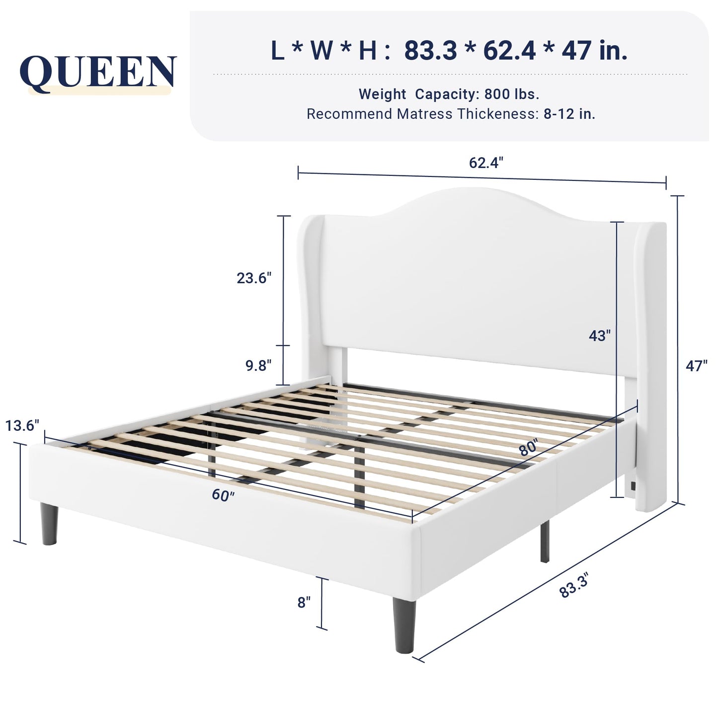 Allewie Velvet Platform Queen Bed Frame with Wingback and 47" Tall Tufted Headboard, Modern Minimalist Design, No Box Spring Required, Tool-Free Assembly, White