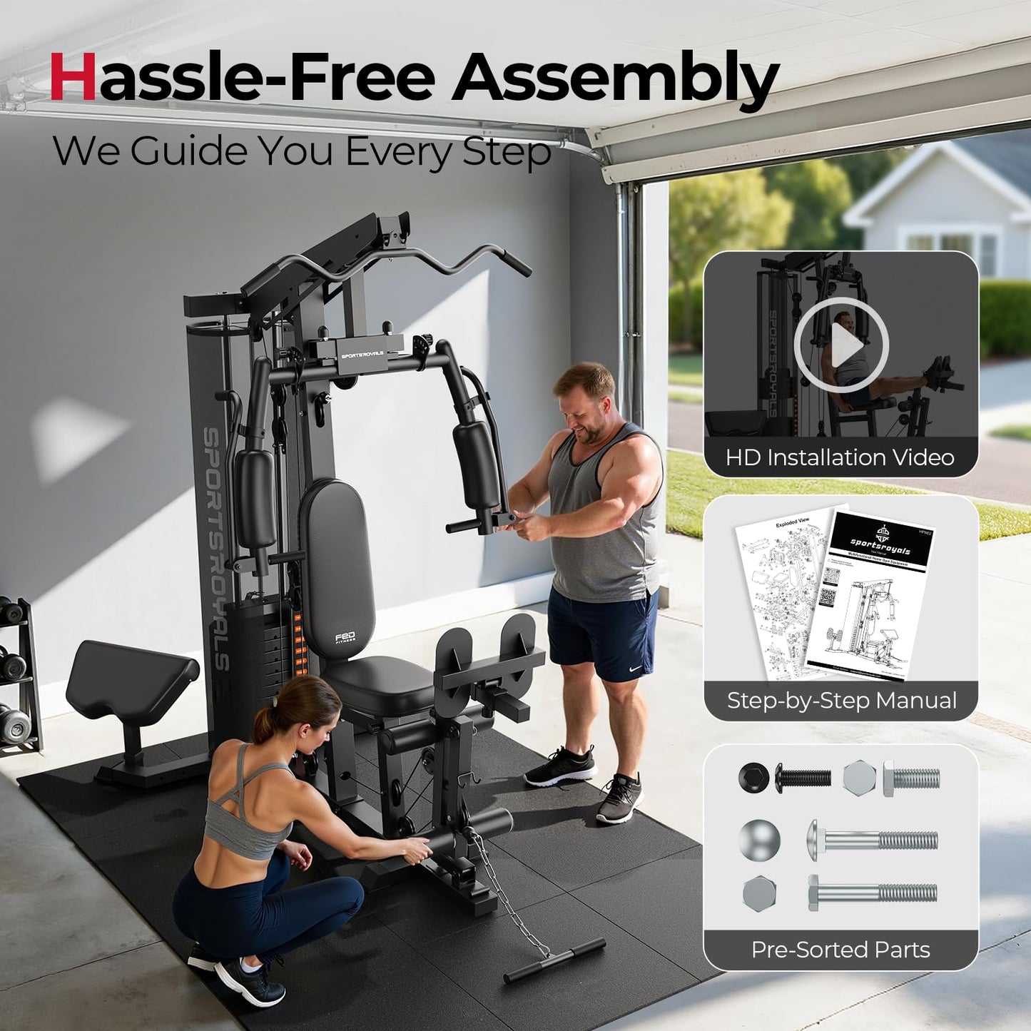 Sportsroyals Home Gym, Multifunctional Workout Station with Leg Press, 150LBS Weight Stack Full Body Workout Equipment for Home Exercise Fitness Strength Training (Black)