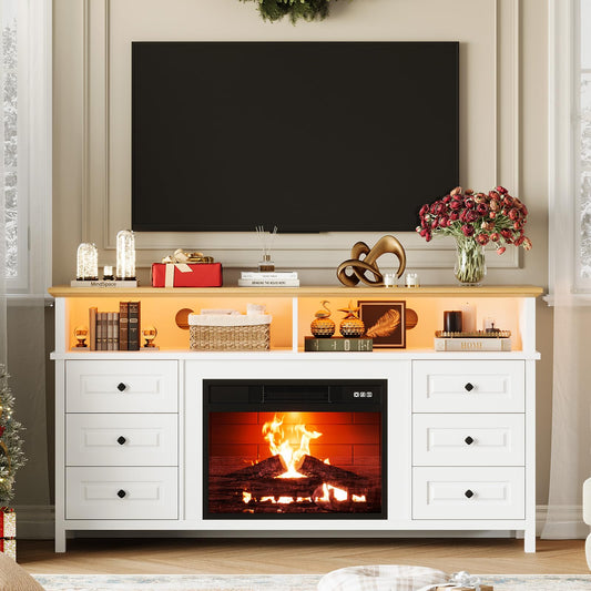 JoanKaren TV Stand with Electric Fireplace, 60" Entertainment Center for 65 Inch TV, LED Light Smart RGB, Modern Farmhouse Console, 6 Drawers Storage，Fit Into 23''Electric Fireplaces(White)