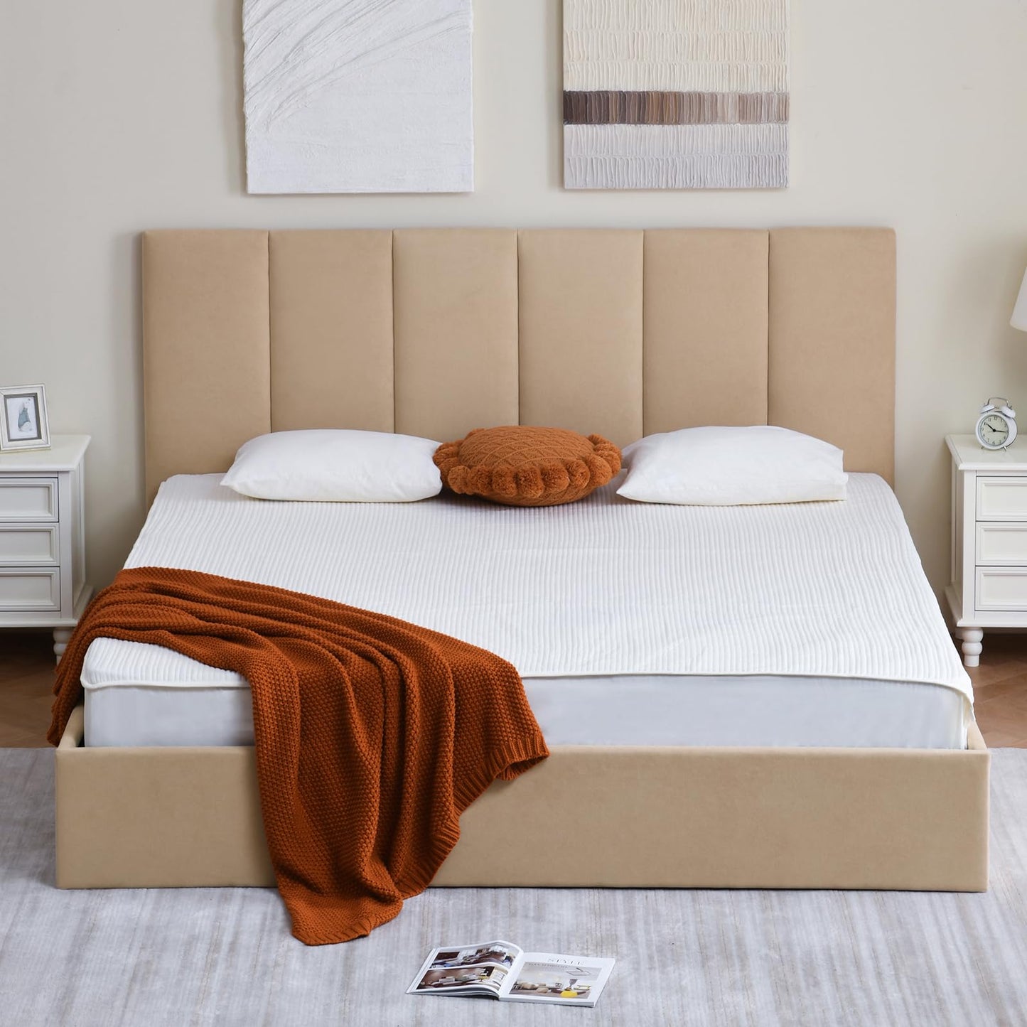 VELOCAVA King Size Upholstered Lift-Up Storage Bed, Beige Linen-Look Fabric Bed Frame with Vertical Panel Headboard, Hydraulic Lift Storage, Wooden Slat Support, No Box Spring Needed
