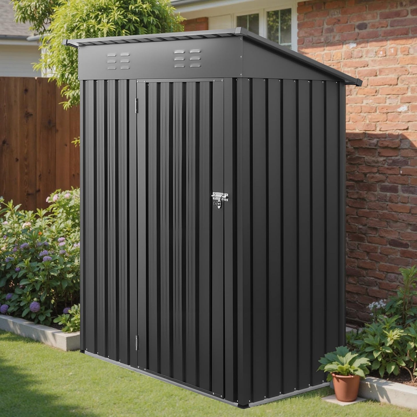 VEVOR 5 x 3 FT Metal Garden Shed, Storage Building with Lockable Door & 2 Louver Vents, Sloped Roof Metal Outdoor Storage Shed, Tool Sheds Outdoor Storage for Backyard, Garden, Patio, Bike, Gray