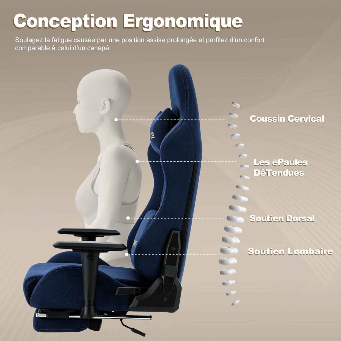 Symino Gaming Chair, Ergonomic Office Chair with 2D Armrests, 150° Recline, Breathable Faux Suede Fabric, Adjustable Headrest, Computer Desk Chair for Home Office, with Footrest, Navy