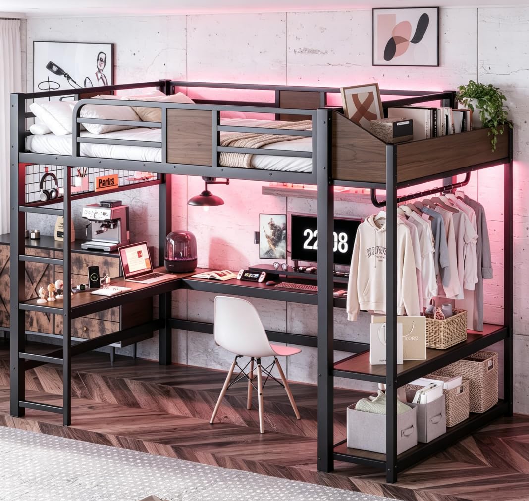 Bellemave Full Size Loft Bed with Desk and USB Ports, Clothes Hanging Rod, LED, Metal Full Loft Bed Frame for Adults, Kids, Teens, Black