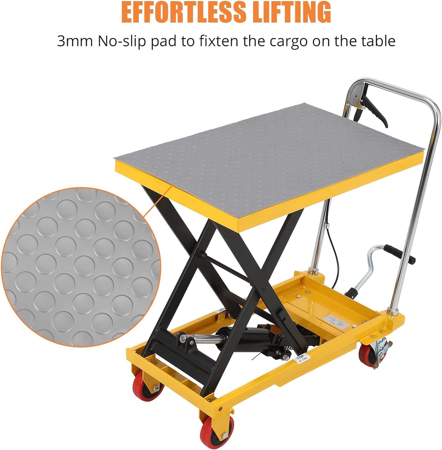 GarveeTech 330 LBS Hydraulic Lift Table Cart,Manual Single Scissor Lift Table Capacity 28.4 in with 4 Wheels and Non-Slip Pad for Material Handling and Transportation,Yellow