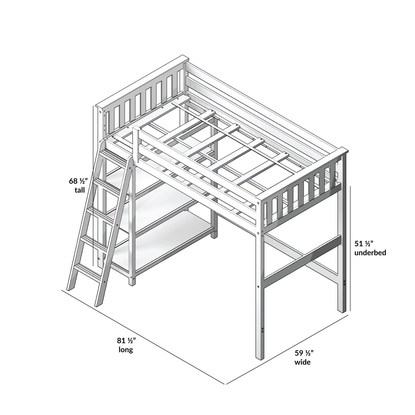 Max & Lily High Loft Bed, Twin Bed Frame For Kids With Bookcase, White