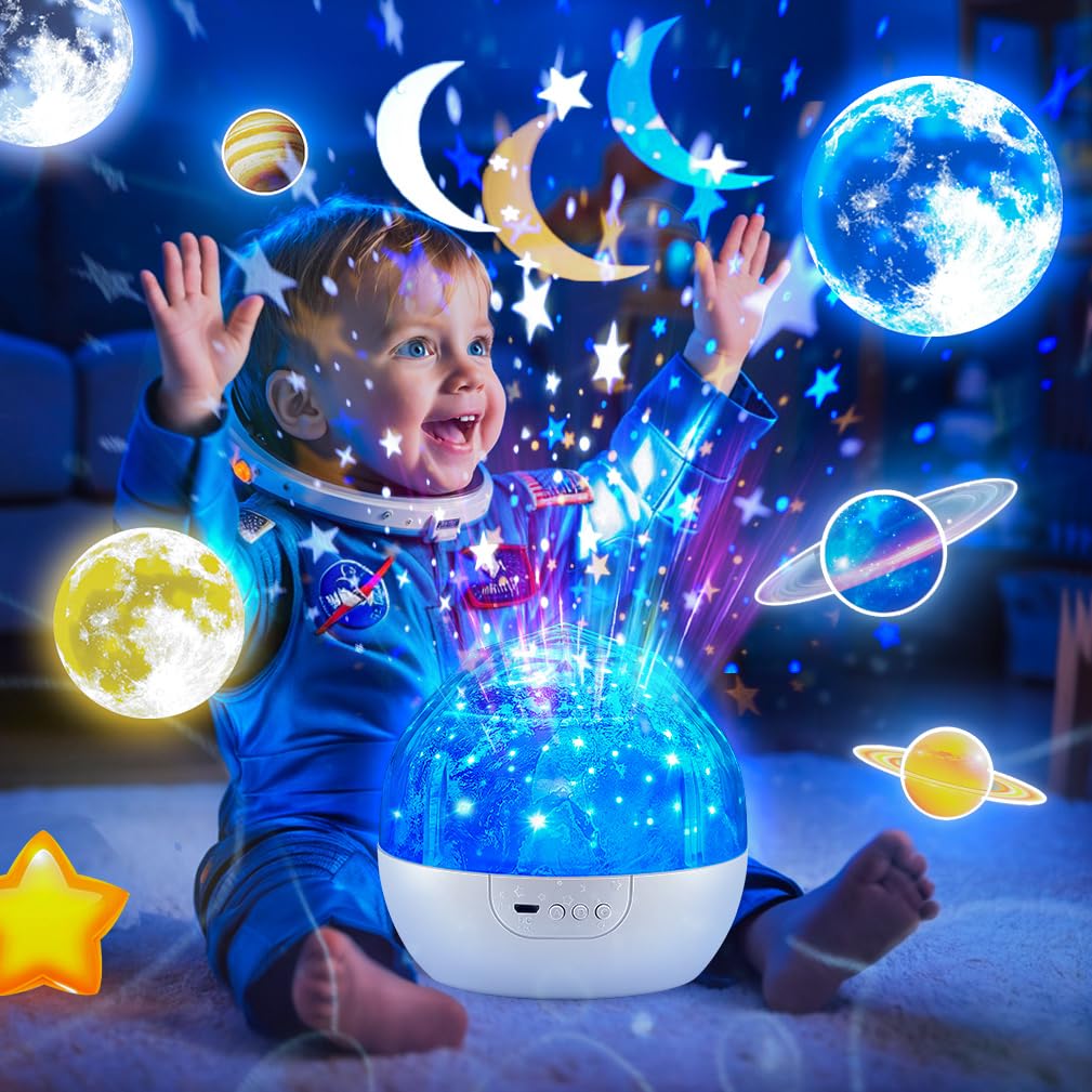 One Fire Night Light Projector, 105 Lighting Modes, Dimmable, 360? Silent, Blue, Model 2017-1, Kids Room Decor