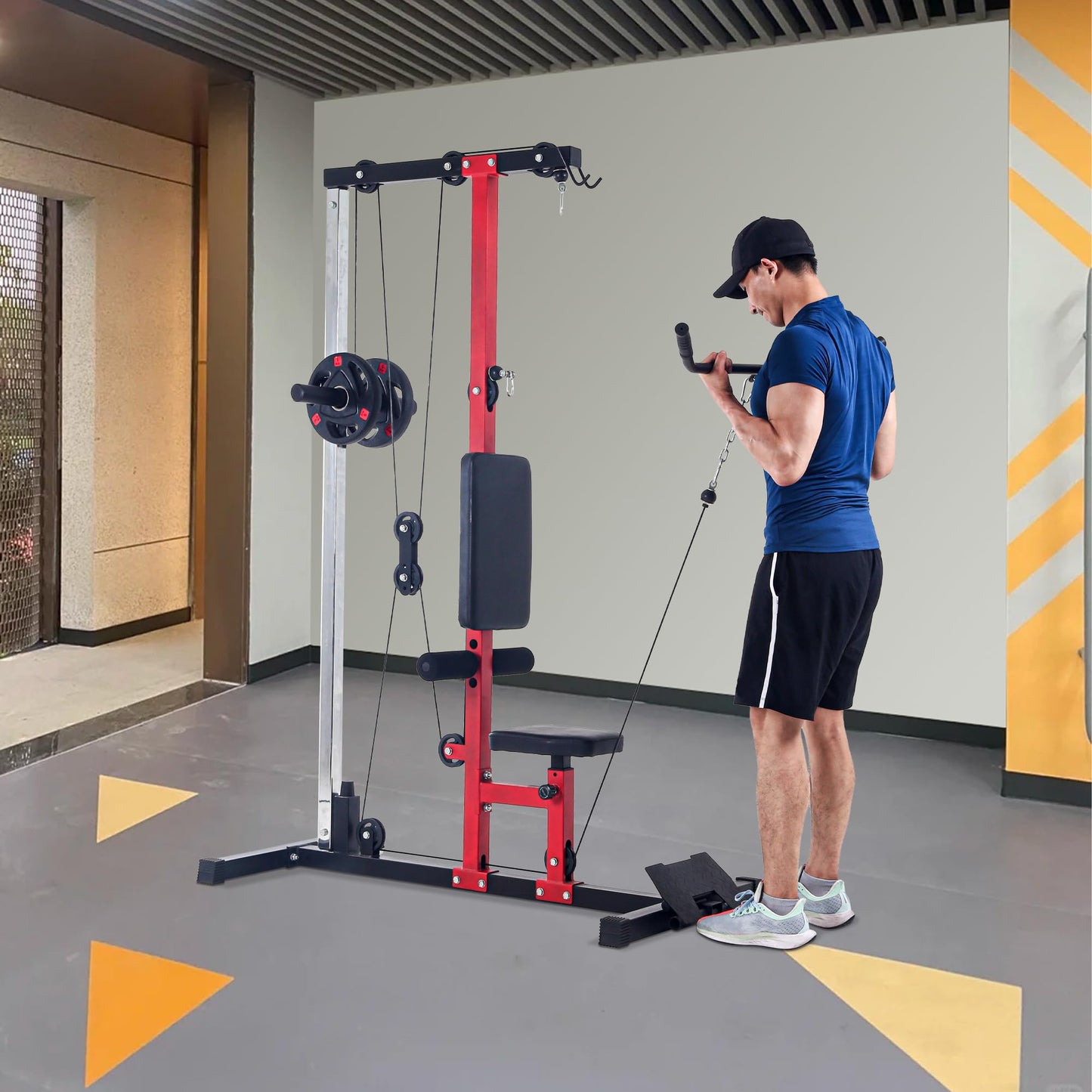 CABIHOME LAT Power Cable Machine - Adjustable Leg Support LAT Pull Down Machine with High & Low Pulley for Home Gym Back Strength Training，Black & Red