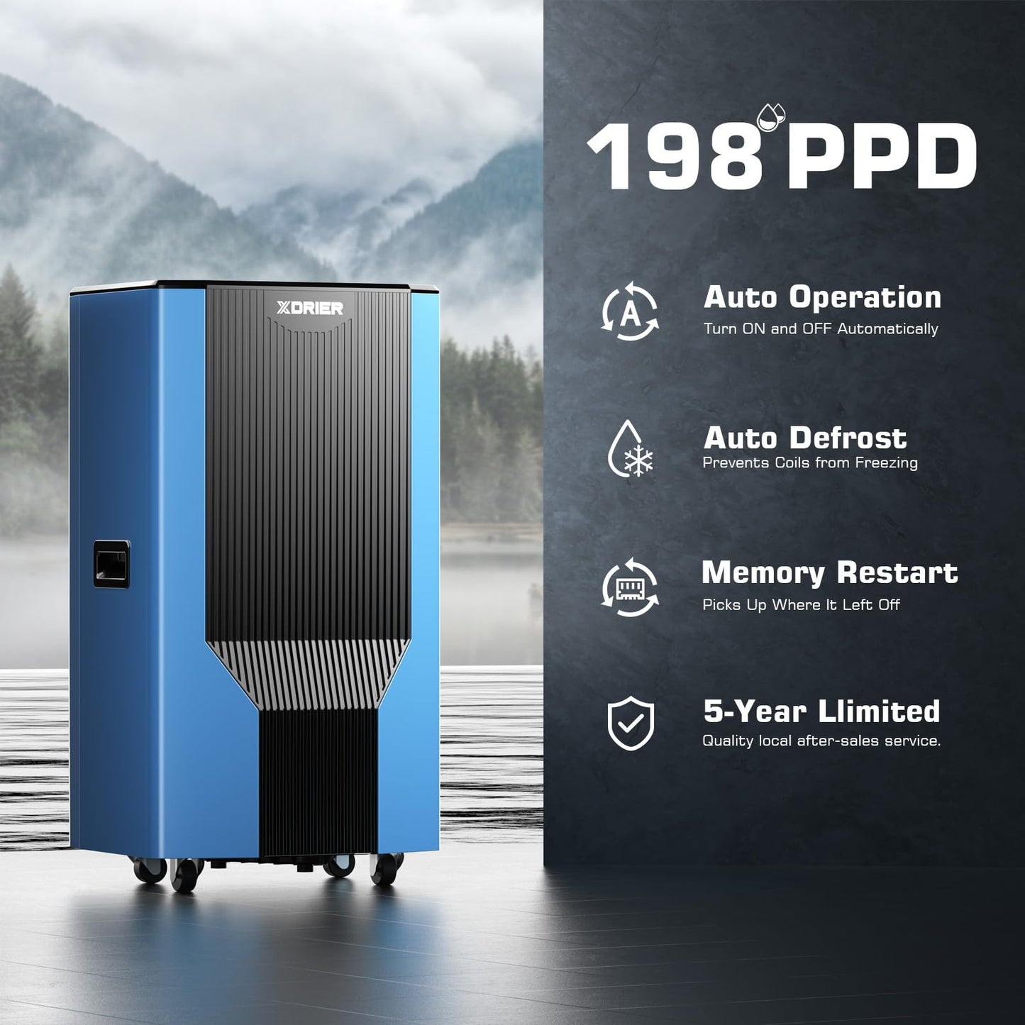 XDRIER 198 PPD Commercial Dehumidifier with Pump & Drain Hose, LGR Technology, Auto Defrost, for Basements, Large Rooms, Warehouses & Storage Areas, 5-Year Coverage