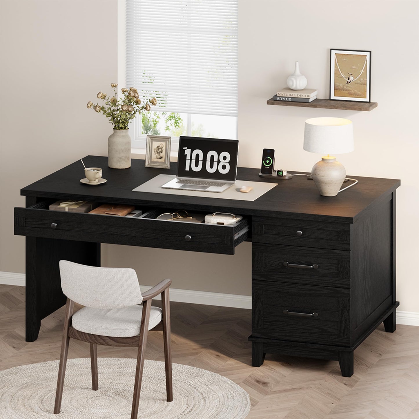 IDEALHOUSE 53.5" Farmhouse Computer Desk with Charging Station, Rustic Black Home Office Executive Desk, Wooden Workstation with File Cabinet Storage Drawers for Writing & Study, Rustic Black