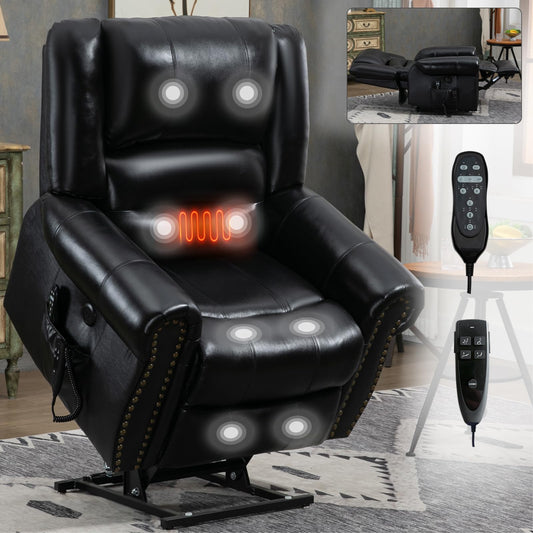 KEIKI Oversized Power Lift Recliner Rocking Chair for Adult, Genuine Leather Mid Century Modern Accent Chair with Back Message & Heat USB Port, Adjustable Home Theater Seating for Living Room, Black