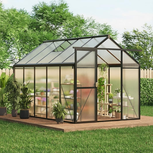 6x10 FT Greenhouse, Easy Assembly Aluminum Polycarbonate Greenhouses for Outdoors with Roof Vent, Large Aluminum Walk-in Greenhouse for Sunroom Patio, Backyard, Garden, Sliding Lockable Door, Black