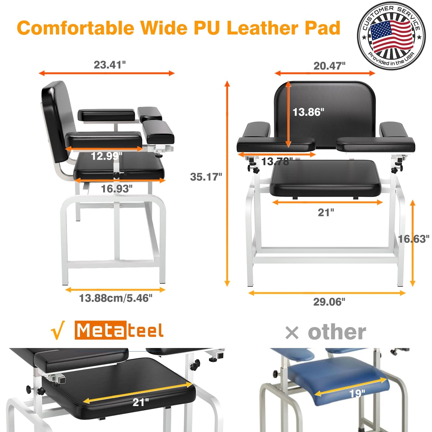 Metateel Blood Drawing Phlebotomy Chair with Adjustable Armrest - Extra Large Comfortable Padded Medical Chairs for Hospital Clinic Lab Medical Facilities (Black)