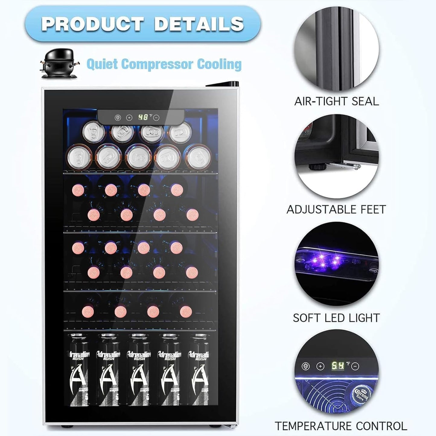 Antarctic Star 26 Bottle 130 Can Wine Cooler/Cabinet Refrigerator Mini Wine Cellar Beer Soda Clear Glass Door Bar Fridge Quiet Compressor Adjust Temp Freestanding Indoor Use 3.1cu.ft Black