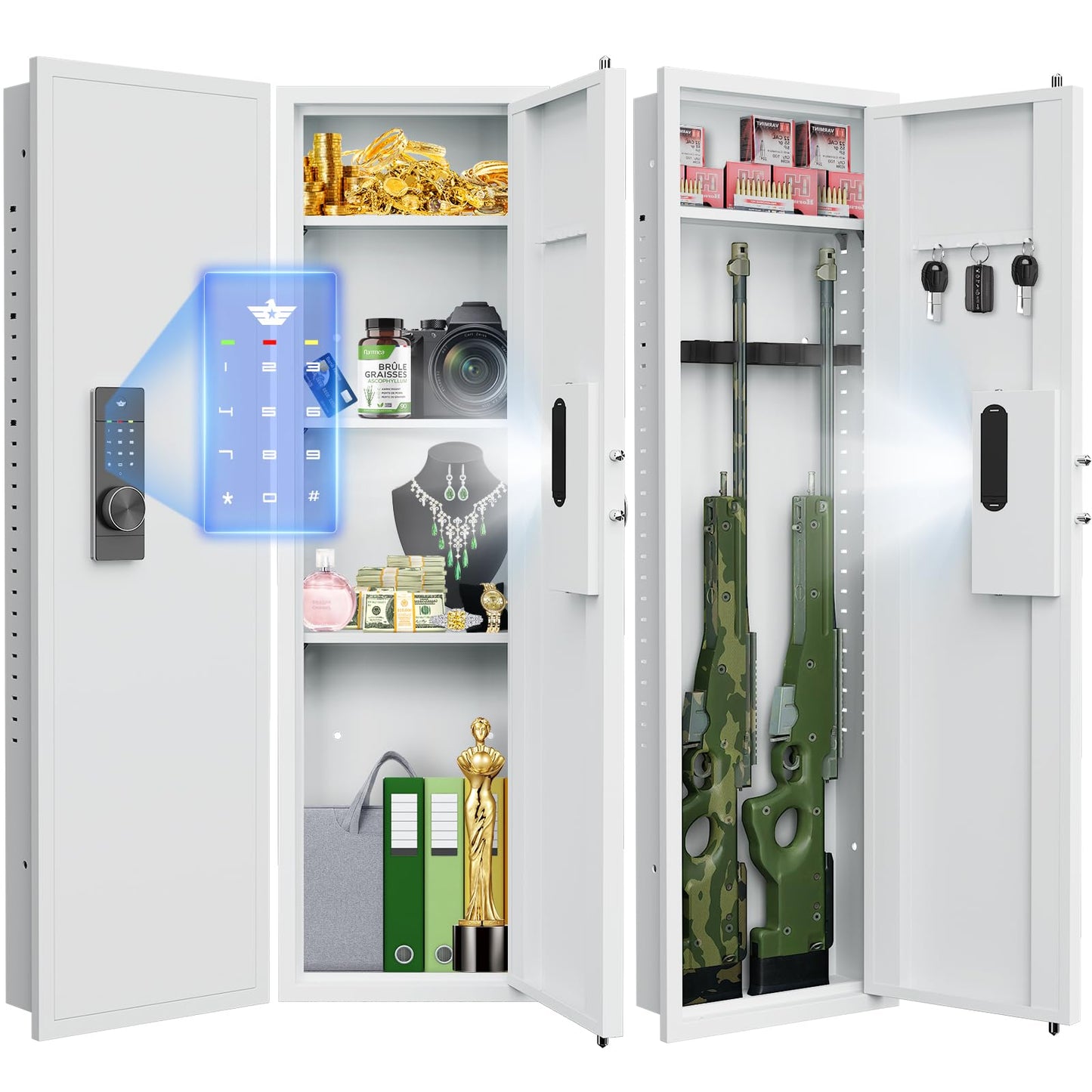 Silkight 53.15" Wall Gun Safe, Digital Wall Safe Between the Studs with Backlit Keypad, Dual Alarm ＆ Mute Mode, Hidden Wall Gun Cabinet for Rifles and Pistols with Adjustable Shelves, Magnetic Support
