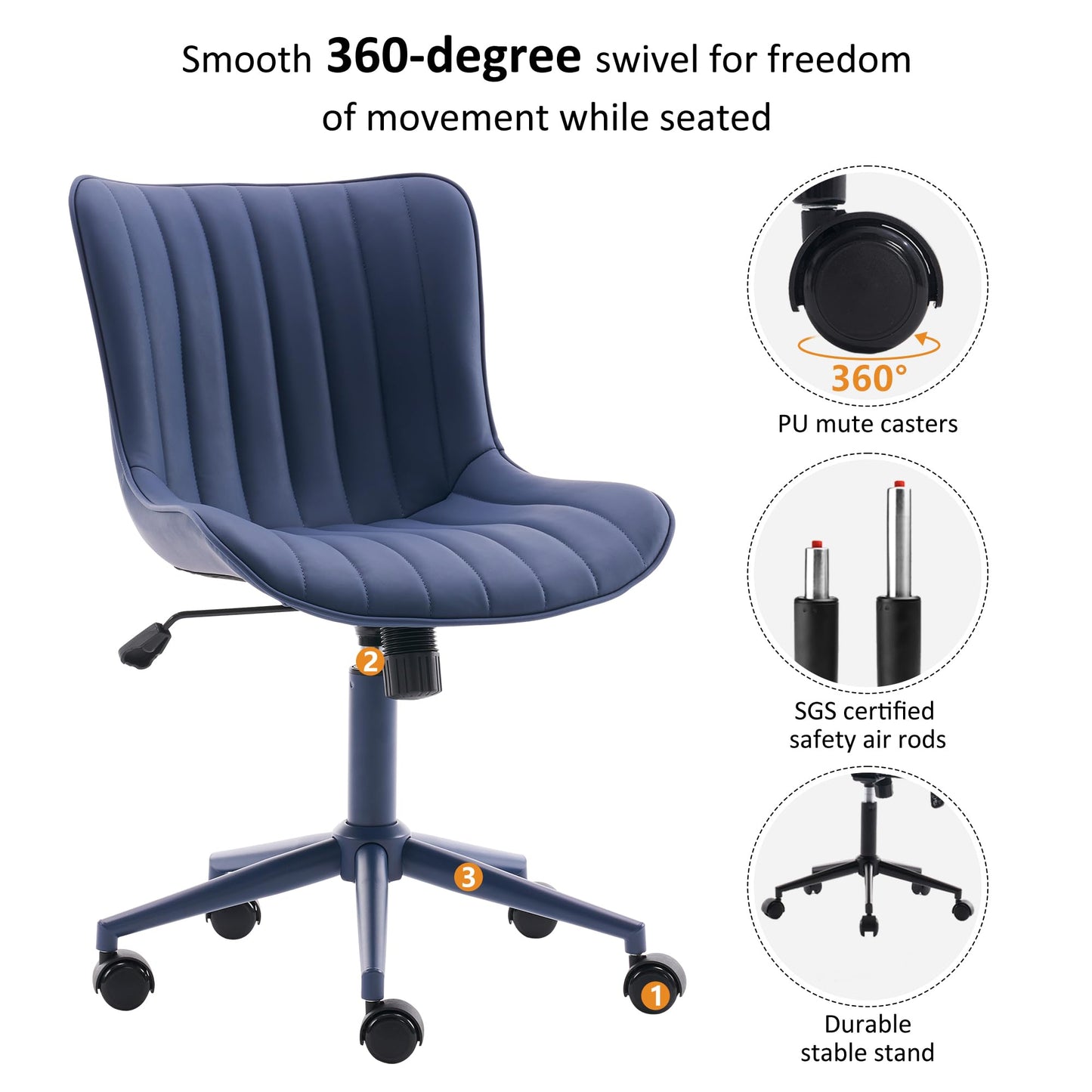 YOUNIKE Office Desk Chair with Wheels Armless Vanity Chair with Back Comfy Leather Upholstered Rolling Task Chair Swivel Small Cute Sewing Chair No Arms Wide Ergonomic Mid-Century Modern Navy Blue