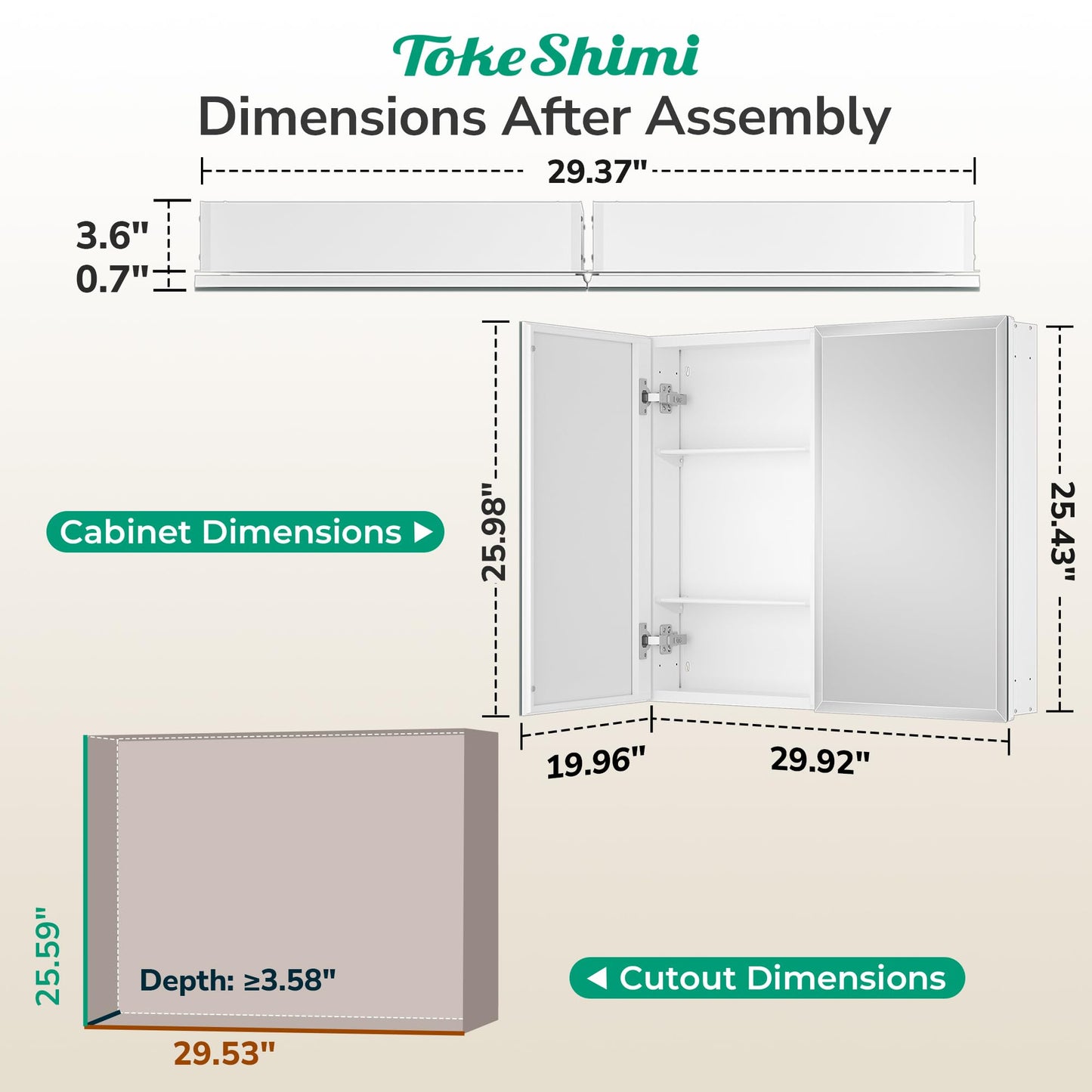TokeShimi 30 x 26 Medicine Cabinet, Assembly Required, Recessed Medicine Cabinet with Tempered Beveled Mirror, DTC Hinge, Frameless Bathroom Mirror with Storage, Recessed/Surface-Mounted