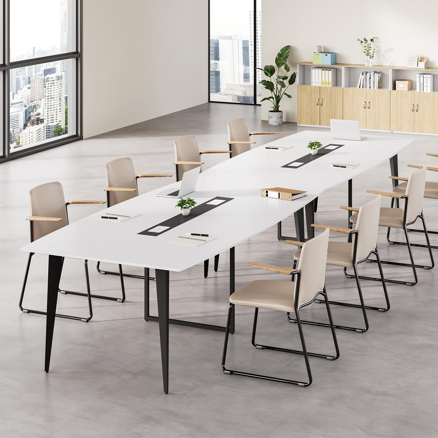 LITTLE TREE 8FT Conference Room Table, 94.48L x 47.21W x 29.52H Boat Shaped Meeting Table, White&Black