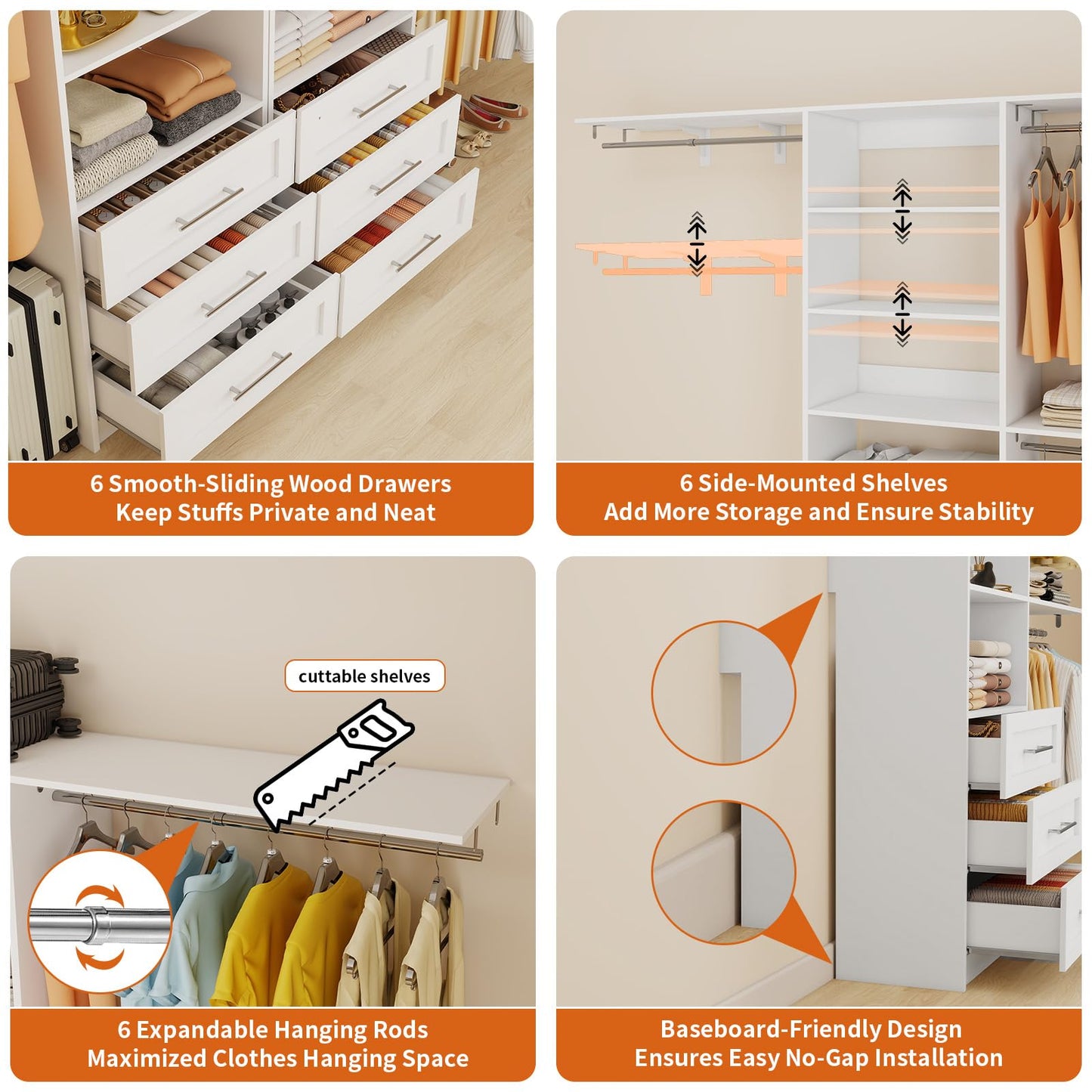 Closet System with 6 Drawers, 6-13FT Closet Organizer System Wood with 8 Shelves & 6 Expandable Hanging Rods, Closet Systems Kit for Walk in Closets, Modular Closet Organizer Systems, 2 Sets,White