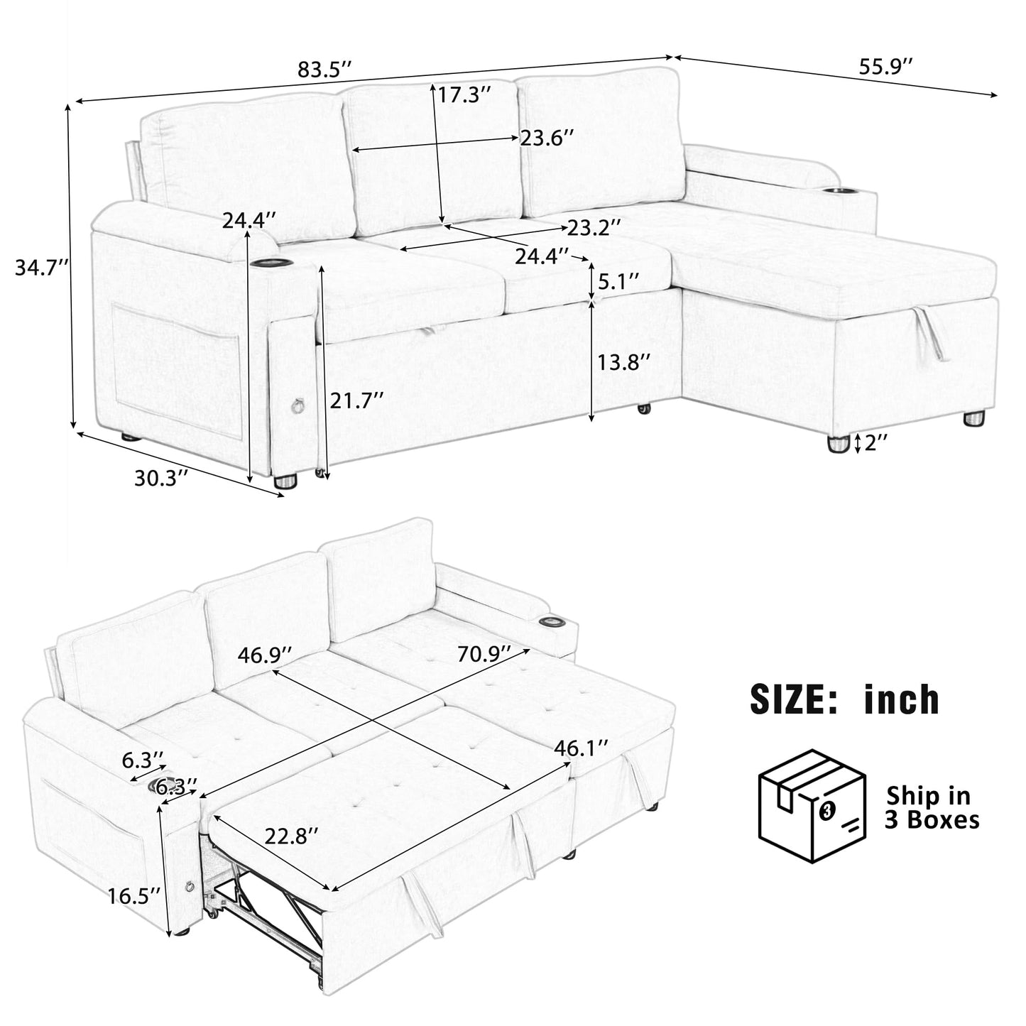 Eafurn 83.5" Sleeper Sectional Sofa with Pull Out Couch Bed, Convertible L-Shaped Sofa with Storage Chaise, Quick Assemble Sleeper Corner Sofa with Cup Holders & USB Ports