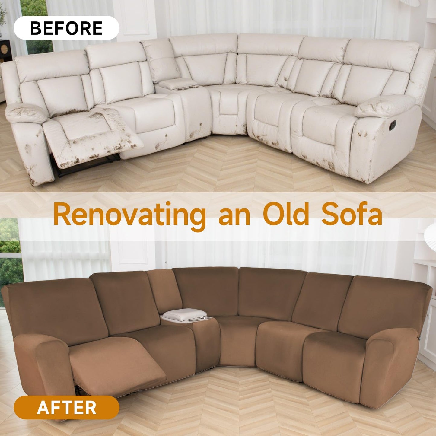HDCAXKJ Reclining Sectional Couch Covers Velvet L Shaped Sectional Sofa Cover Washable Stretch Soft Corner Recliner Slipcover with Non-Slip Elastic Bottom (5 Seat and 2 Middle Console, Light Brown)