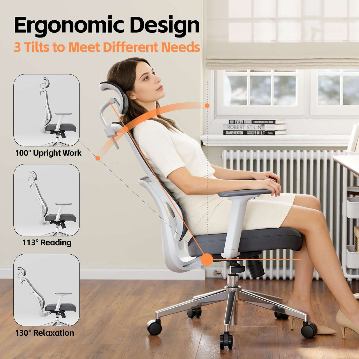 QuelSoft Ergonomic Office Chair, Home Office Desk Chairs, 3D Lumbar Support High Back Desk Chair, Comfortable Computer Chair & Gaming Chair for Office & Home - Silver