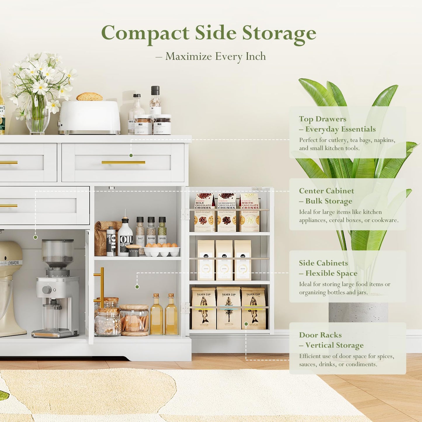54" Storage Buffet Cabinet, Sideboards with Doors and Shelves, Small Coffee Bar Cabinet with 4 Drawers, Modern Kitchen Storage Cabinet for Living Room, White