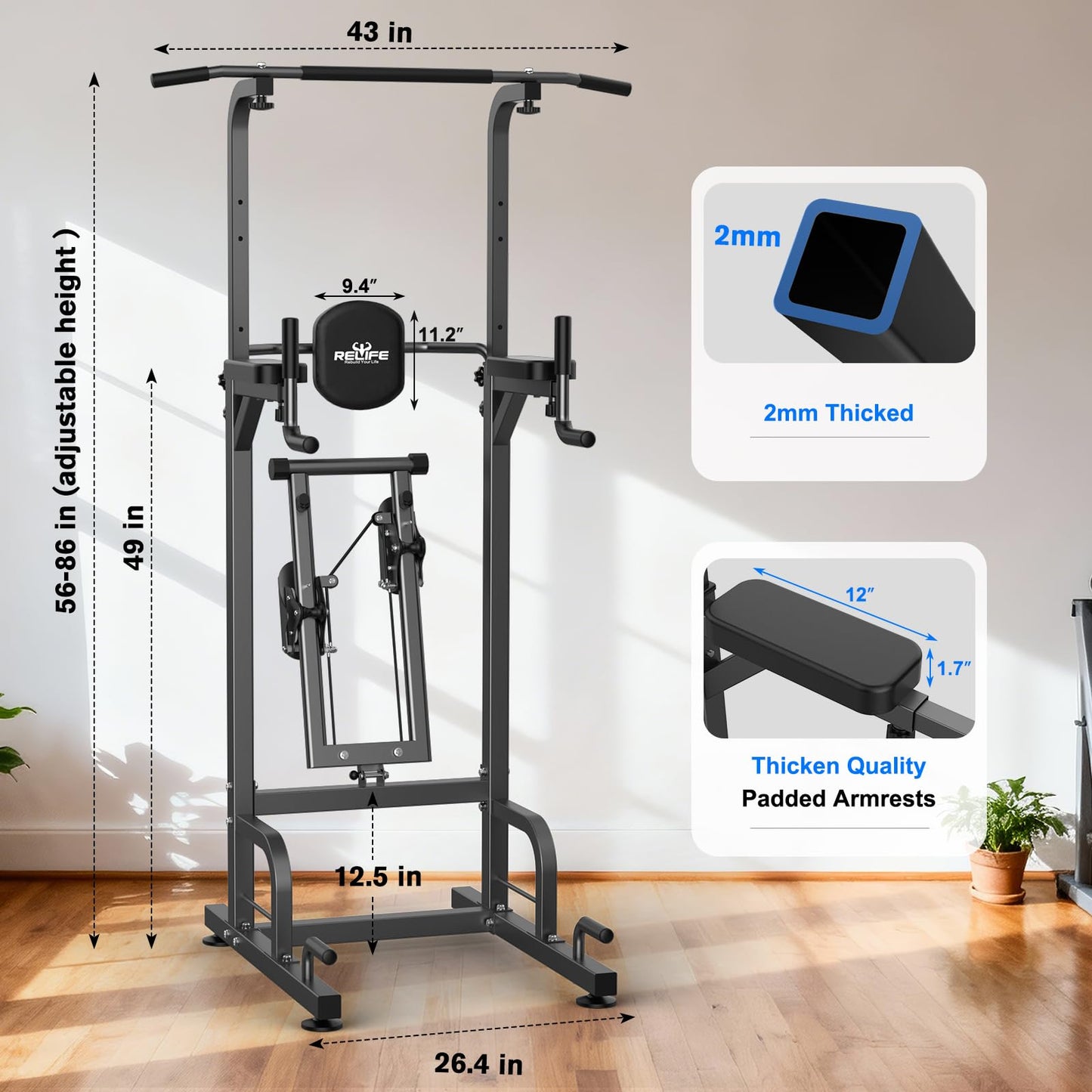 RELIFE REBUILD YOUR LIFE Power Tower Pull Up Bar Station Workout Dip Station for Home Gym Strength Training Fitness Equipment (Black-01)