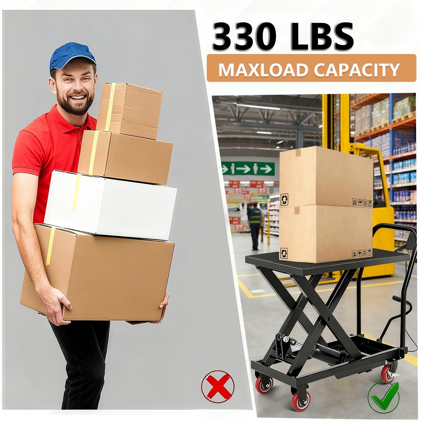 330LBS Hydraulic Lift Table Cart, 28.5" Lifting Height Hydraulic Material Lift Pallet Truck with 4 Locking Wheels for Material Handling and Transportation
