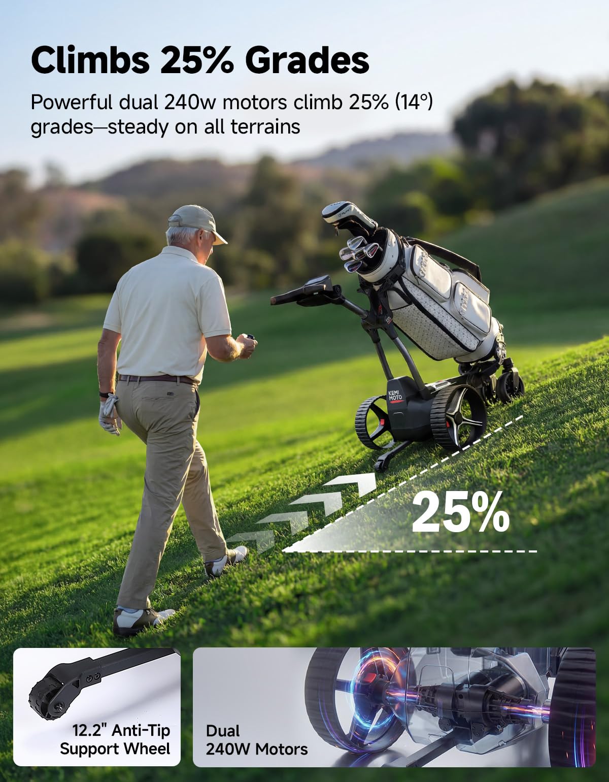 KEMIMOTO ApexAI Electric Golf Caddy that Follows You, 492 FT Remote Control, Power Assist Mode, Dual 240W Motor, 36-Hole Battery, IPX5, Compact Folding w/USB-C, Drink & Umbrella Holder