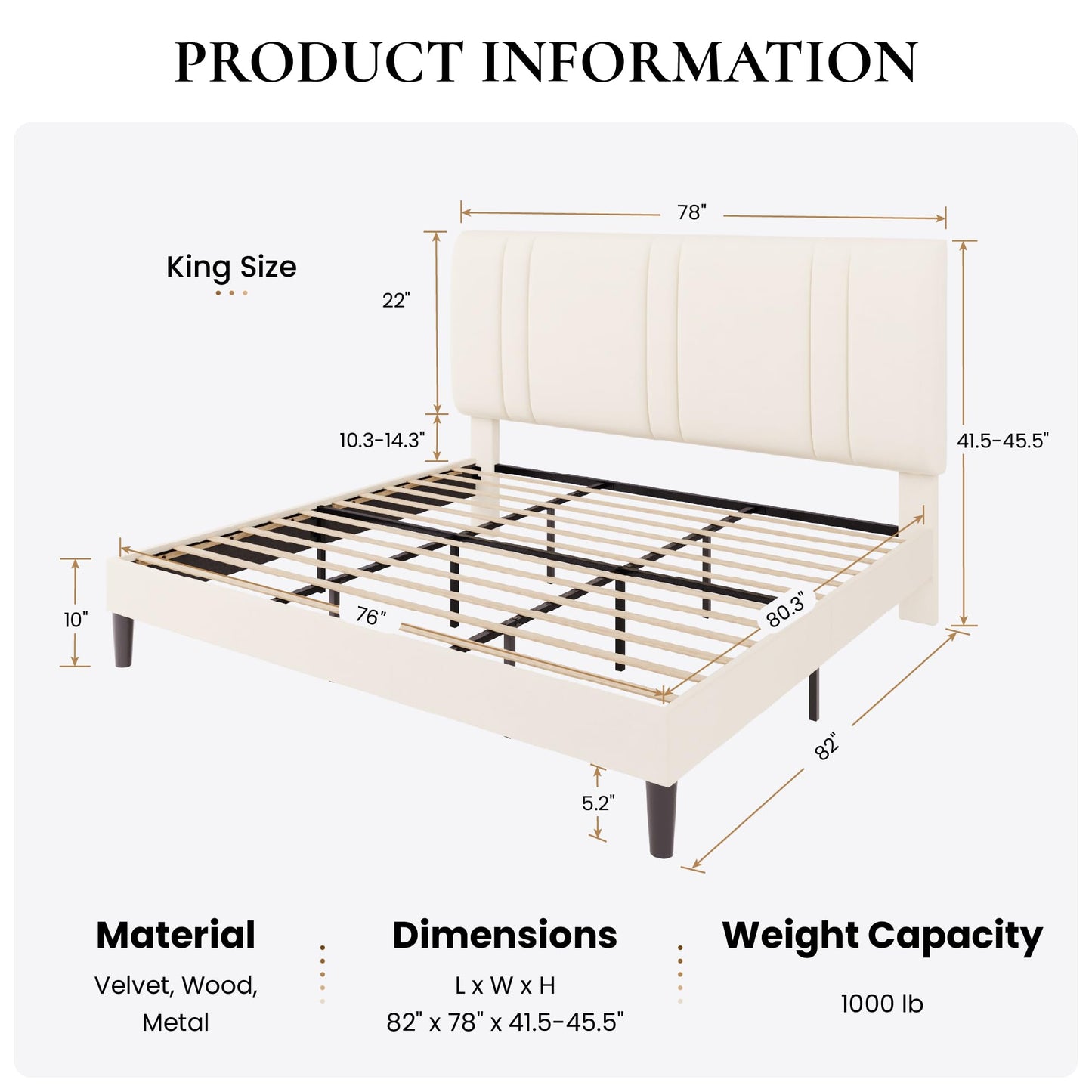 SHA CERLIN King Size Platform Bed Frame, Velvet Upholstered Bed with Adjustable Headboard, Vertical Channel Tufted Design, Sturdy Wood Slat Support, No Box Spring Needed, Easy Assembly, Cream White