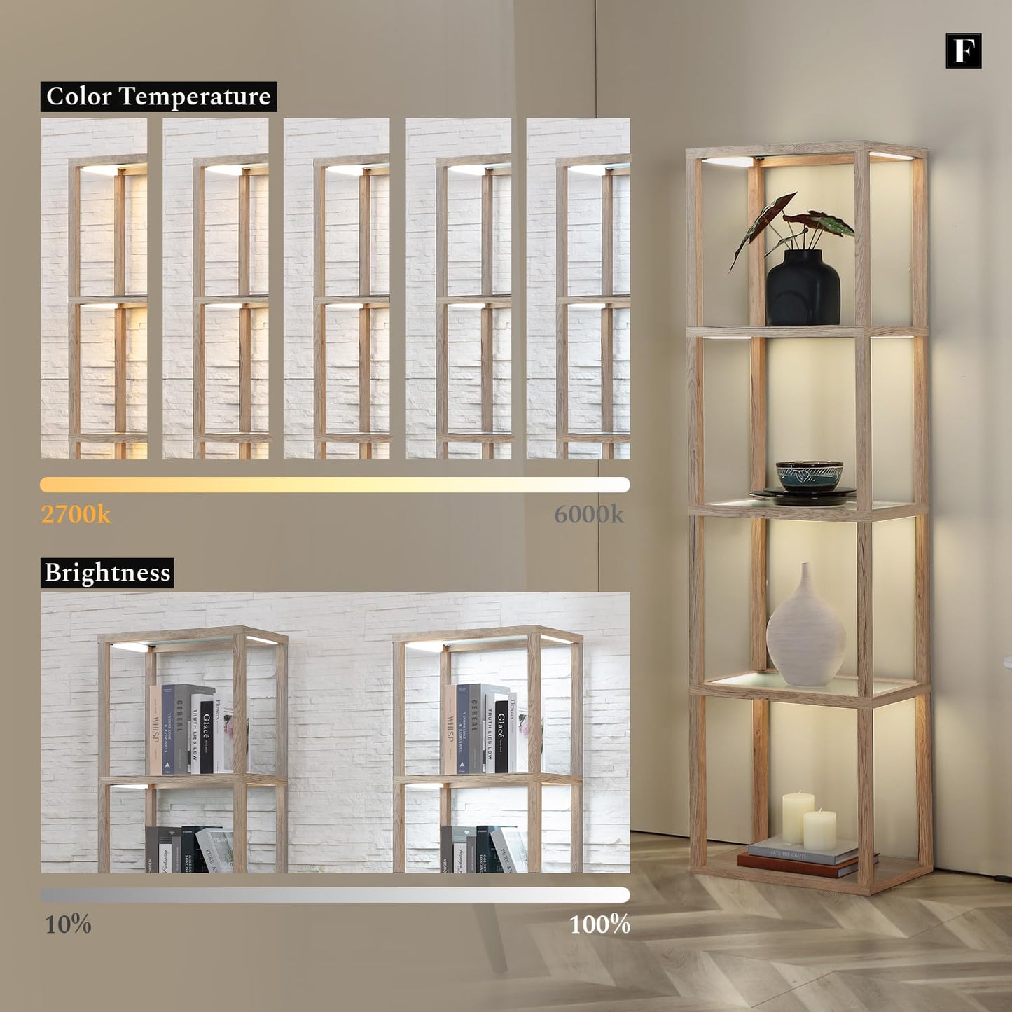 FENLO Fantasy Plus 66" Luxury Glass Display Shelf, Rustic Wood