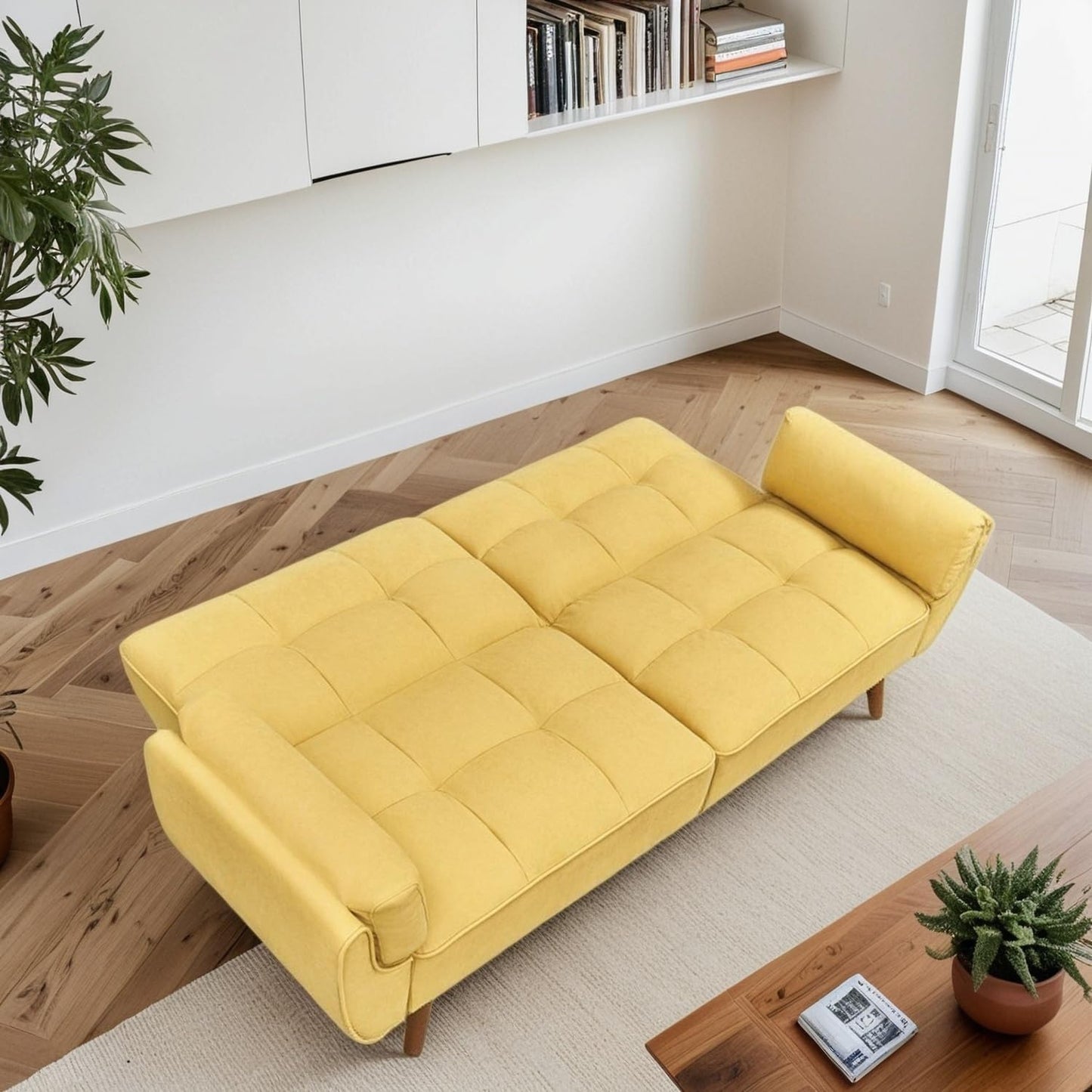 Trygoal Convertible Futon Sofa Bed, Modern Futon Couch with 2 Pillows, Small Futons Couch with Adjustable Armrest & Backrest, Loveseat Sofa Bed for Living Room, Bedroom, Yellow