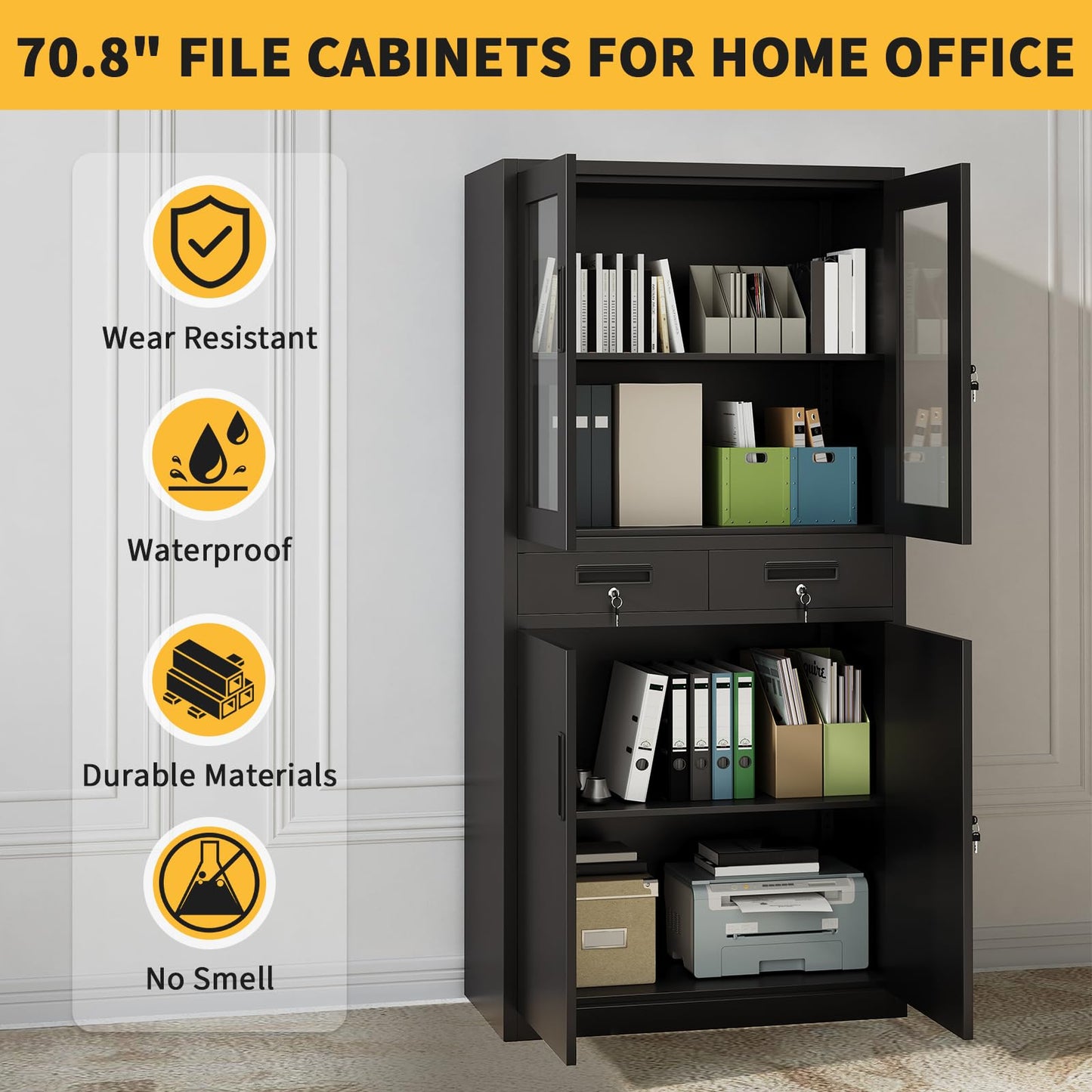 CuisinSmart 71in Heavy Duty Metal Storage Cabinet with Tempered Glass Doors, 2 Lockable Drawers & 2 Adjustable Shelves, Secure Steel Cabinet with Wheels for Garage, Workshop, Office, School, or Home