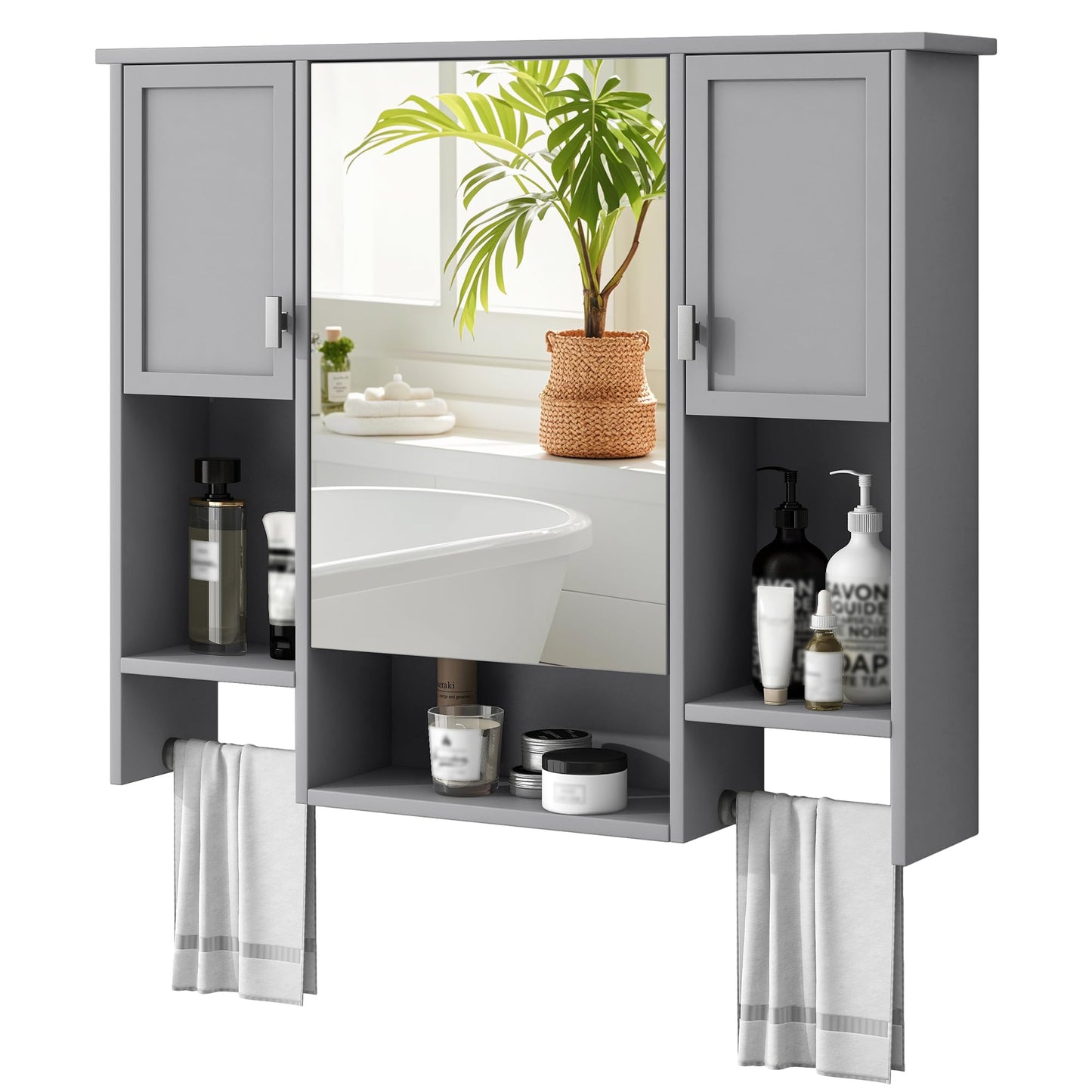 Virubi Bathroom Medicine Cabinet, Wall Mounted Bathroom Storage Cabinet with Mirror, Open Shelf, Side Cabinet and Towel Bar, Over The Toilet Mirrored Cabinet, 35" W x 28.7" H
