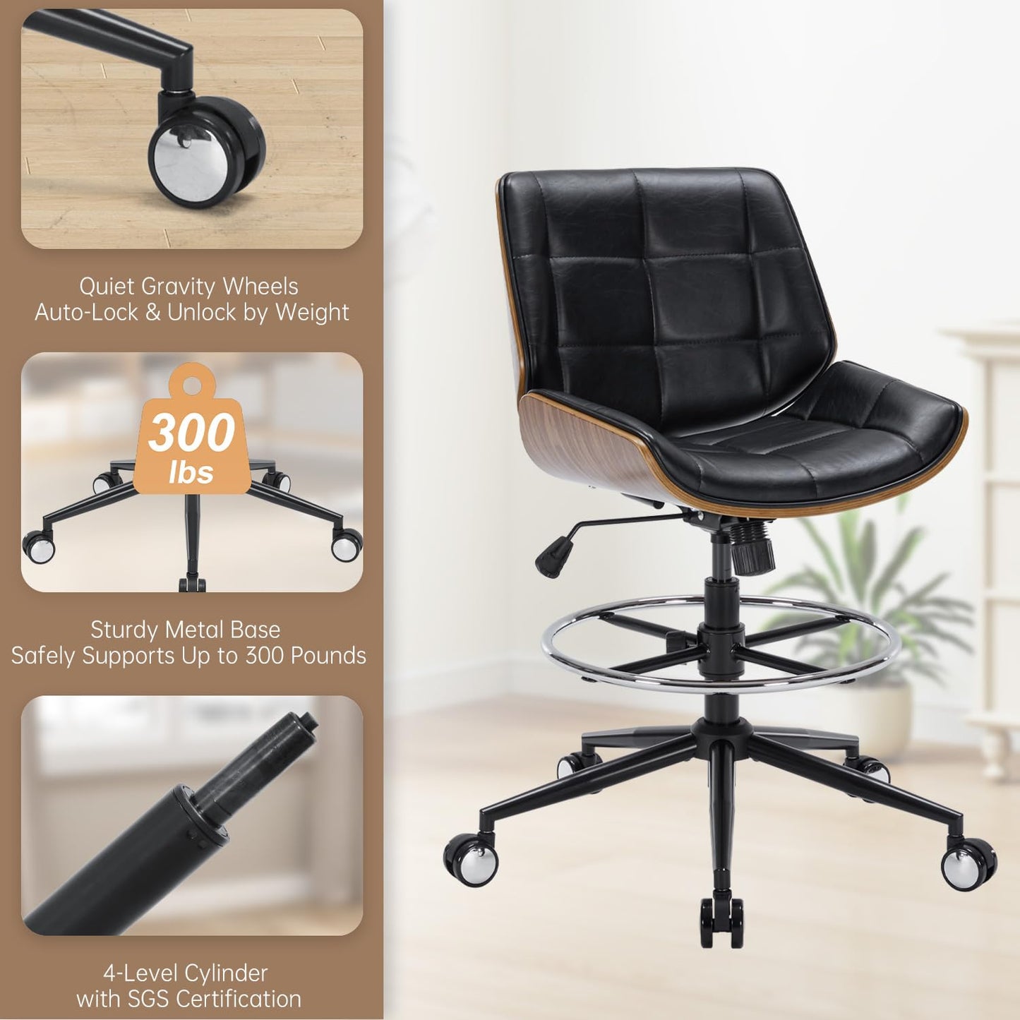 Drafting Office Chair Ergonomic Executive Computer Standing Desk Chair with Adjustable Height and Footrest Ring, Drafting Chair for Counter Height Desk and Drawing (Black)