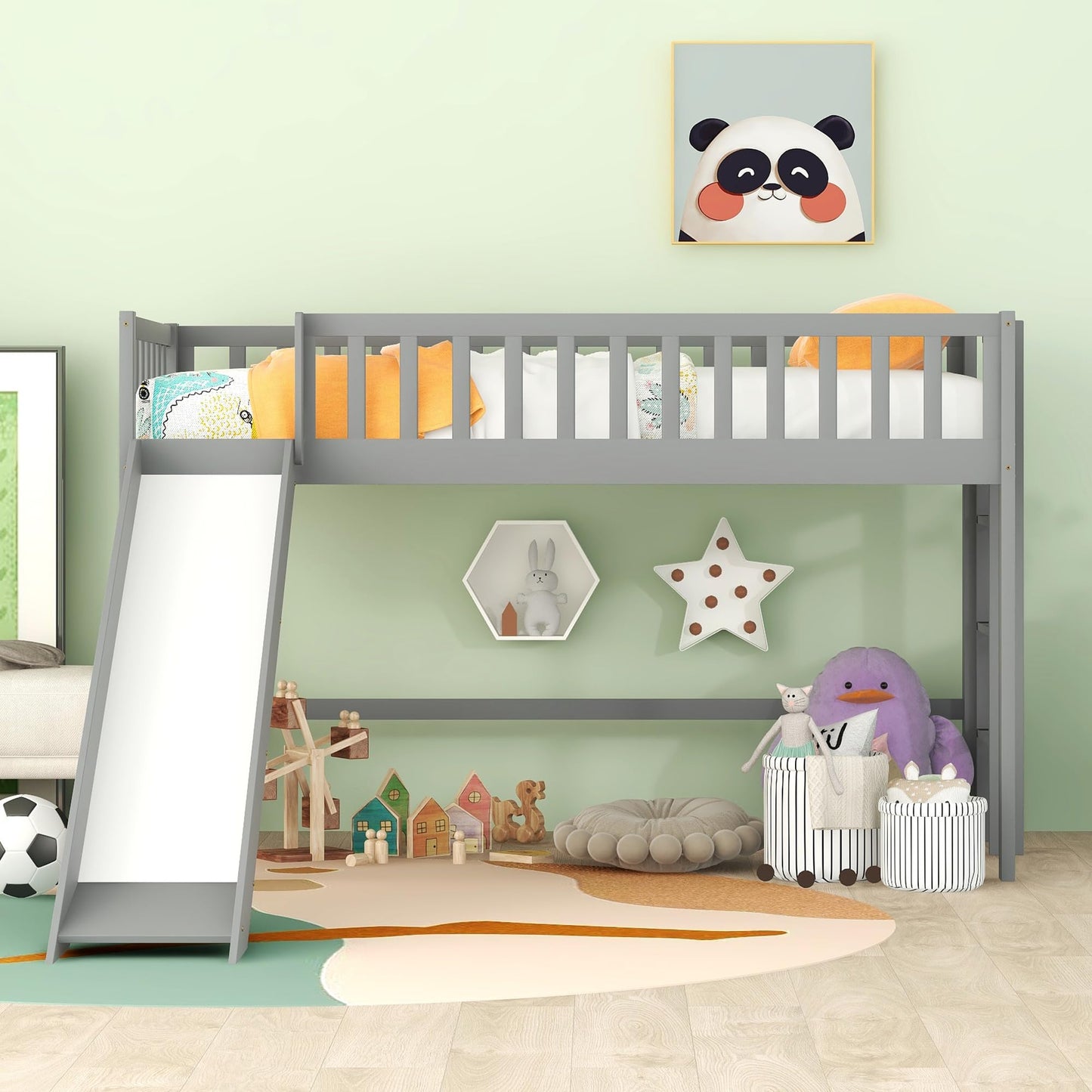 Bellemave Twin Size Low Loft Bed Frame with Slide,Kids Loft Bed with Ladder,Solid Wood Low Loft Bed Twin Size for Girls Boys,Gray
