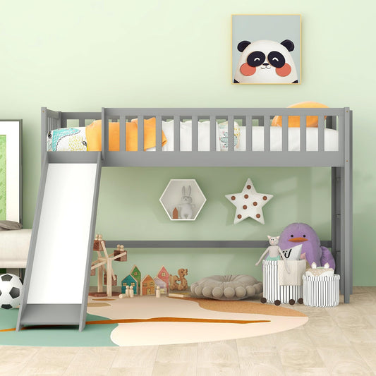 Bellemave Twin Size Low Loft Bed Frame with Slide,Kids Loft Bed with Ladder,Solid Wood Low Loft Bed Twin Size for Girls Boys,Gray