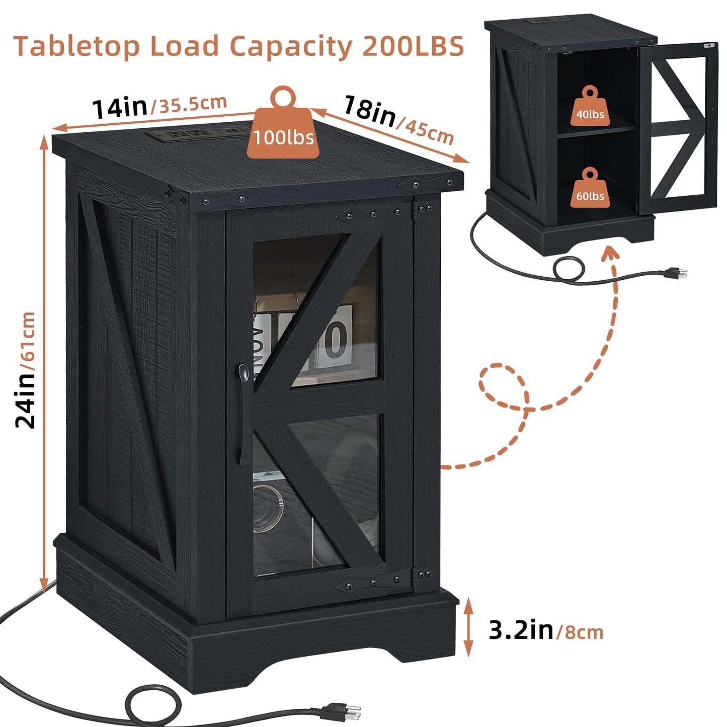 Joaxswe Narrow Night Stand Set 2 with Charger Station, Farmhouse Side End Table with Glass Barn Door Storage, Bedside Tables, Black Nightstand Cabinet Organizer for Small Spaces Living Room Bedroom