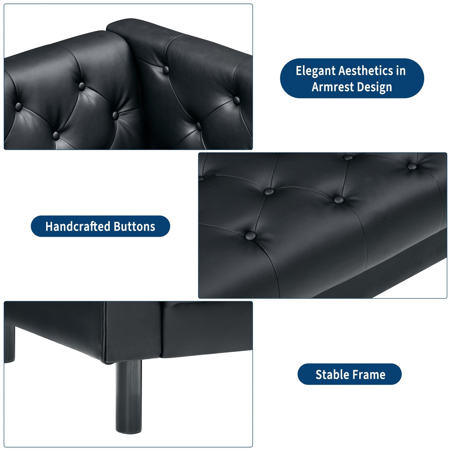 IDEALHOUSE Mid Century Modern Sofa 81 Inch – 3 Seater Faux Leather Couch with Button Tufted Back, Deep Seat Design, Upholstered Sofa for Living Room, Apartment or Office, Black