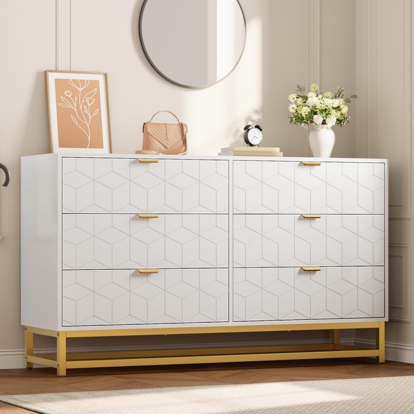 IDEALHOUSE White 6 Drawer Dresser for Bedroom, 53.5” Large Dresser with Metal Legs, Modern Chest Organizer with Wide Storage, Chest of Drawers for Bedroom, Living Room, Entryway