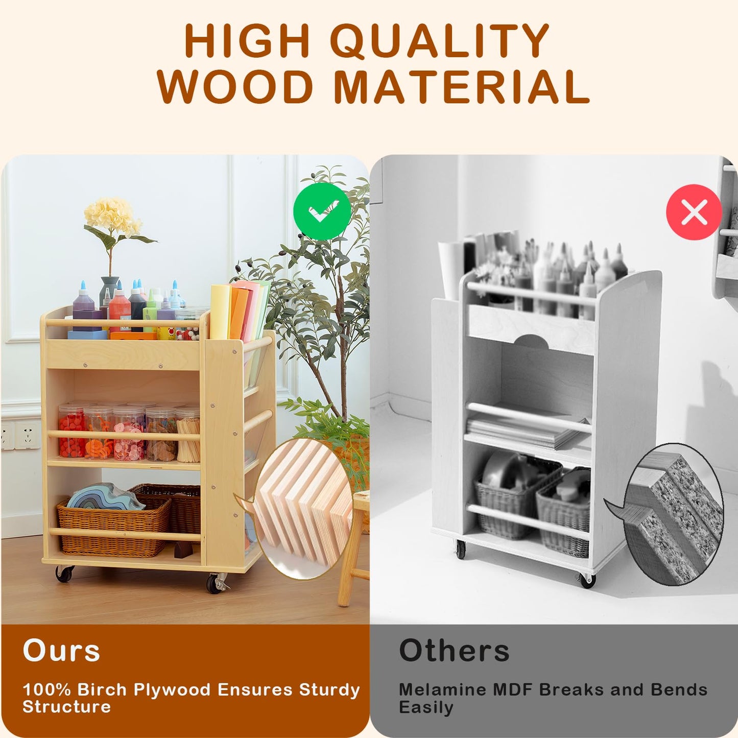 kidi house Art Activity Cart Wooden Rolling Utility Cart with Wheels 3-Tier Art Cart Organizer for Kids Multi-Functional Movable Birch Storage Cart Art and Crafts Supply Shelf Montessori Furniture