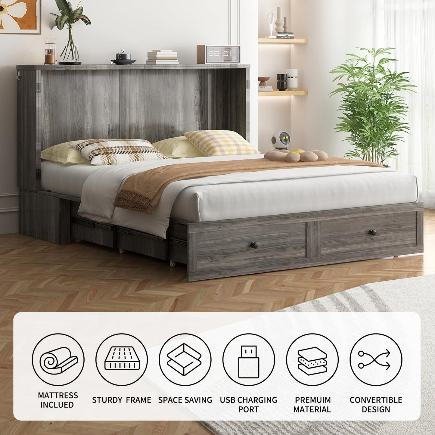 PUREMIND Queen Murphy Bed with Mattress Included, Murphy Bed Cabinet with Storage Drawer, Charging Station, Headboard, Space Saving Wall Beds for Guest Room