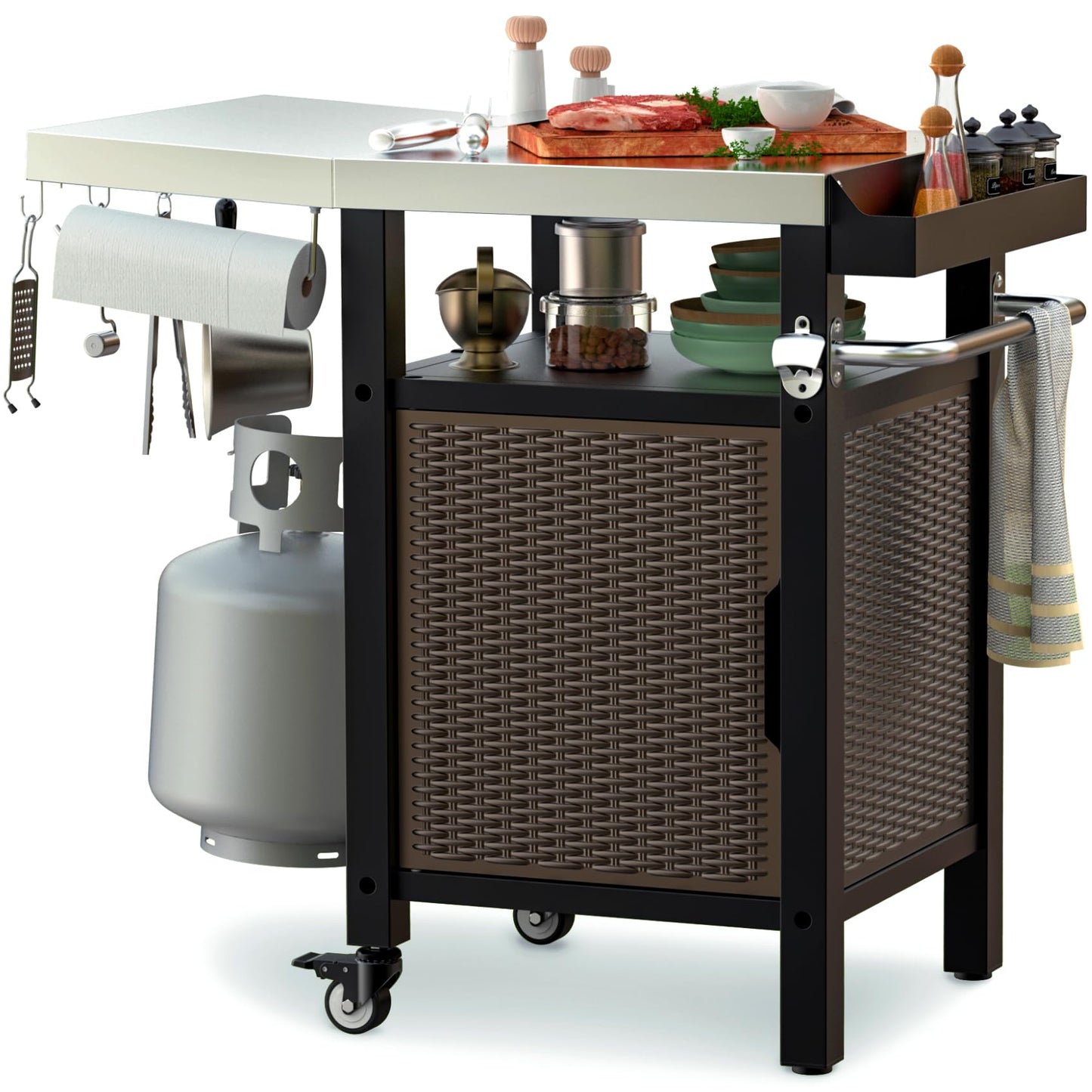onlyfire 35 Inch Rolling Kitchen Island with XL Stainless Steel Top & Rattan Cabinet, Heavy-Duty BBQ Serving Cart for Indoor/Outdoor, Single Door Storage Worktable with Side Shelf & Wheels