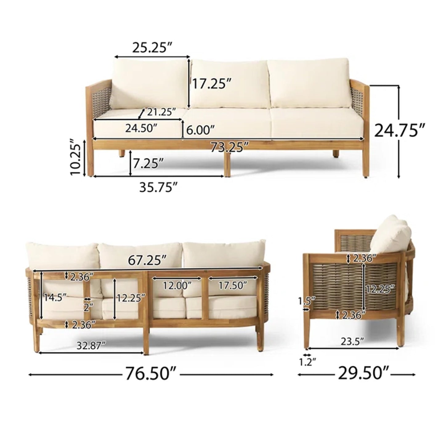 Merax 76.5" Outdoor Acacia Wood Wicker 3 Seater Sofa, Patio Furniture Couch for Backyard