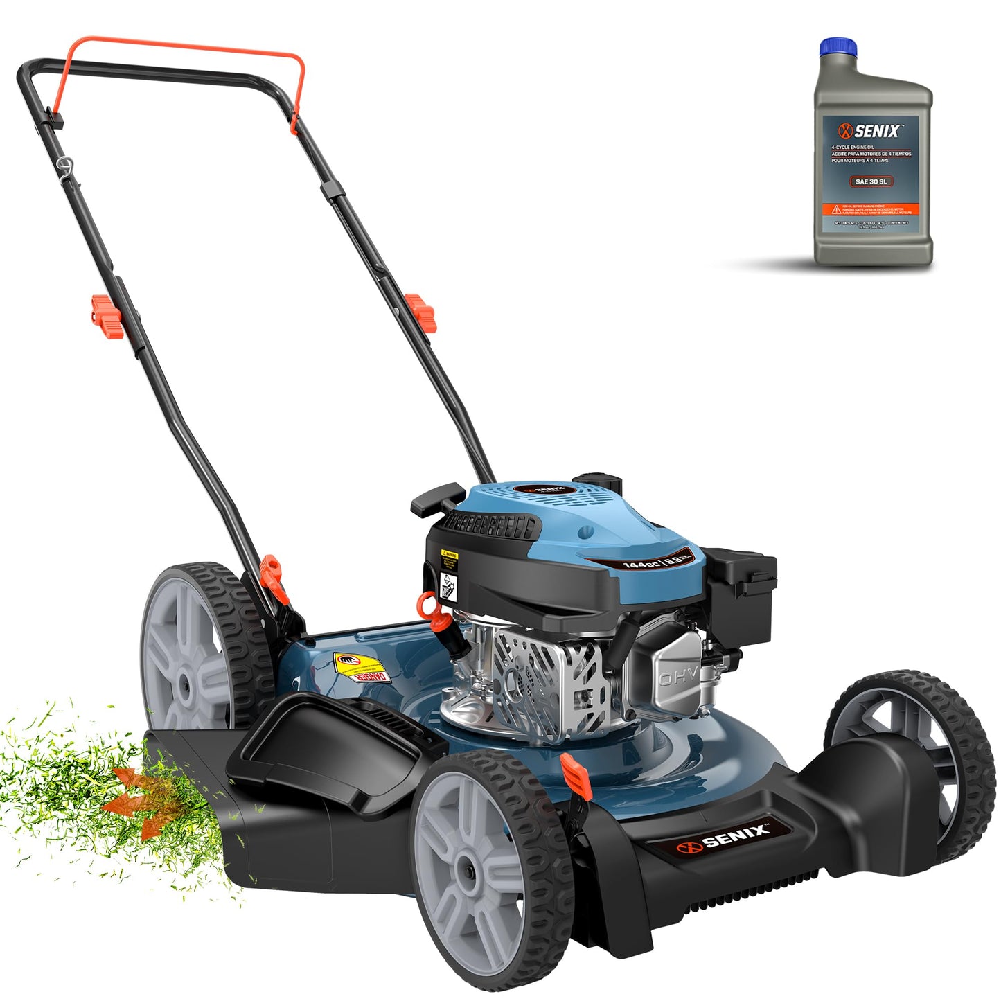 SENIX 21-Inch Gas Lawn Mower, 144CC 4-Cycle Engine Push Mower with Mulching & Side Discharge, 6-Position Cutting Height Adjustment, Residential Walk-Behind Mower for Yard & Garden