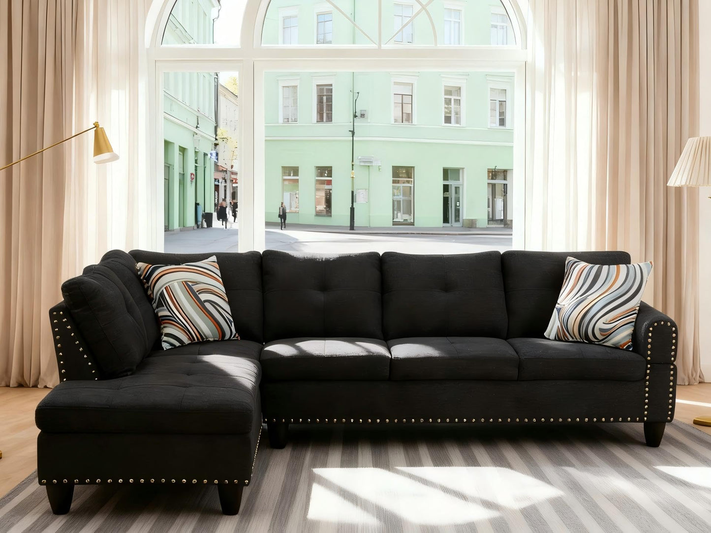 Trygoal Modern L-Shaped Sectional Sofa with Cup Holder, 4-Seater Fabric Couch with Chaise Lounge, for Living Room, Apartment, Studio, Easy Assembly, Black